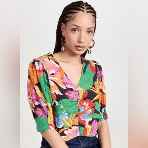 V Neck Puff Sleeve Woven Crop Tee